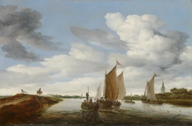 Flusslandschaft mit Segelbooten und einer Pferdebarge